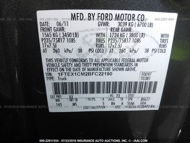 1FTEX1CM2BFC22190 - 2011 FORD F150 SUPER CAB GRAY photo 9