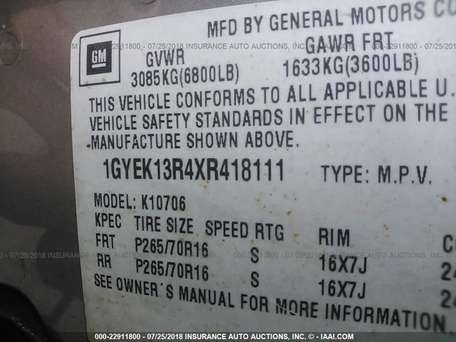 1GYEK13R4XR418111 - 1999 CADILLAC ESCALADE GRAY photo 9