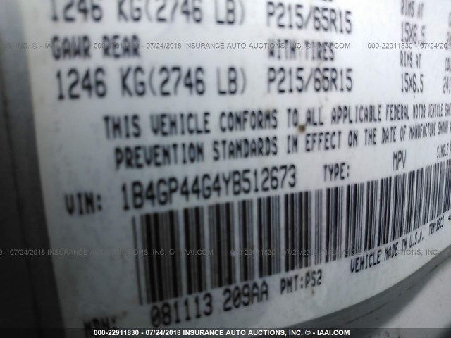 1B4GP44G4YB512673 - 2000 DODGE GRAND CARAVAN SE/SPORT GRAY photo 9