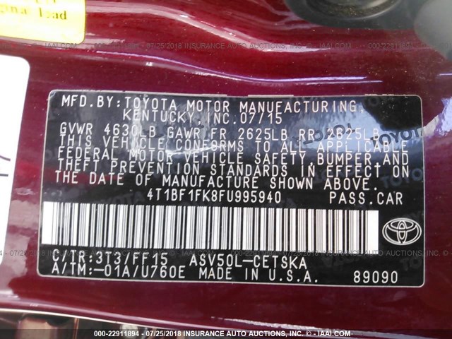 4T1BF1FK8FU995940 - 2015 TOYOTA CAMRY LE/XLE/SE/XSE RED photo 9
