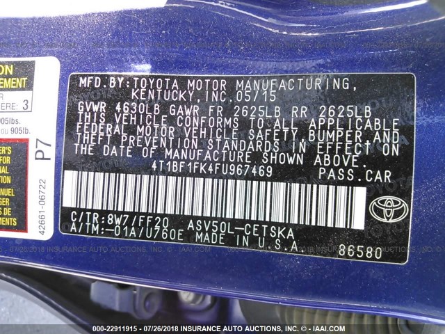 4T1BF1FK4FU967469 - 2015 TOYOTA CAMRY LE/XLE/SE/XSE 蓝色 照片 9