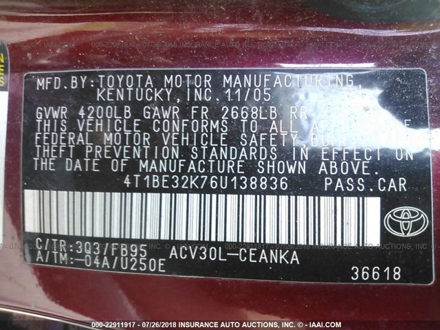 4T1BE32K76U138836 - 2006 TOYOTA CAMRY LE/XLE/SE Tünd qırmızı foto 9