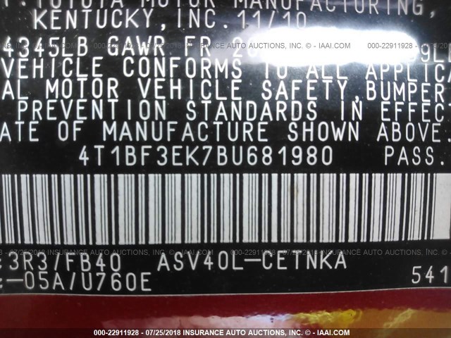 4T1BF3EK7BU681980 - 2011 TOYOTA CAMRY SE/LE/XLE წითელი ფოტო 9