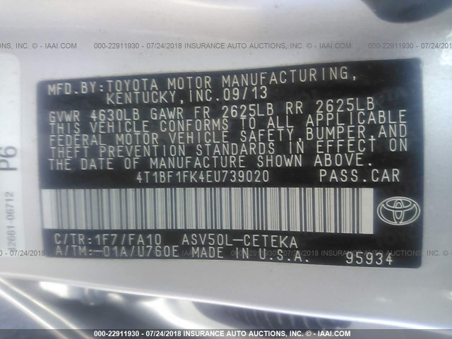 4T1BF1FK4EU739020 - 2014 TOYOTA CAMRY L/SE/LE/XLE 银色 照片 9