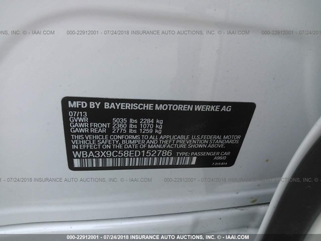 WBA3X9C58ED152786 - 2014 BMW 335 XIGT WHITE photo 9