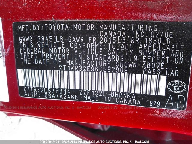 2T1KR32E96C592909 - 2006 TOYOTA COROLLA MATRIX XR RED photo 9