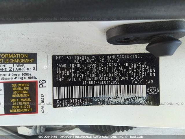 4T1BD1FK5EU112056 - 2014 TOYOTA CAMRY HYBRID/LE/XLE WHITE photo 9