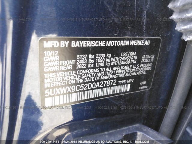 5UXWX9C52D0A27872 - 2013 BMW X3 XDRIVE28I BLUE photo 9