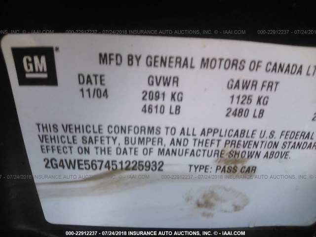 2G4WE567451225932 - 2005 BUICK LACROSSE CXS BLUE photo 9