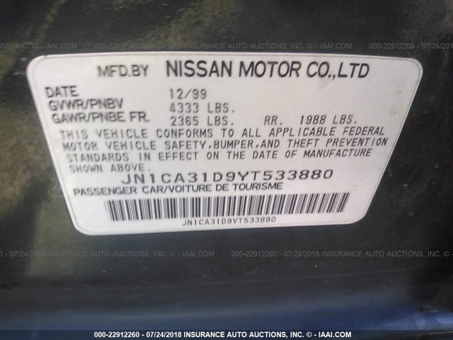 JN1CA31D9YT533880 - 2000 NISSAN MAXIMA GLE/GXE/SE GREEN photo 9