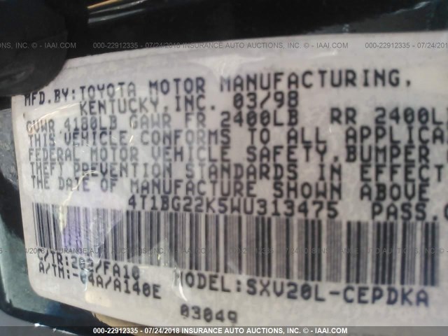 4T1BG22K5WU313475 - 1998 TOYOTA CAMRY CE/LE/XLE 黑色 照片 9