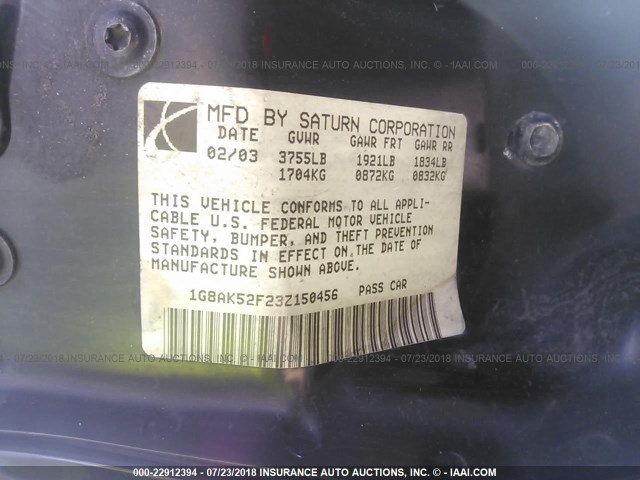 1G8AK52F23Z150456 - 2003 SATURN ION LEVEL 3 BLACK photo 9