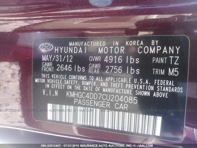 KMHGC4DD7CU204085 - 2012 HYUNDAI GENESIS 3.8L MAROON photo 9