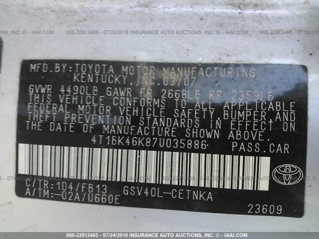4T1BK46K87U035886 - 2007 TOYOTA CAMRY NEW GENERAT LE/XLE/SE SILVER photo 9