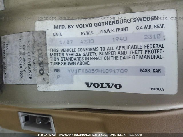 YV1FX8859H1091709 - 1987 VOLVO 740 GLE GOLD photo 9