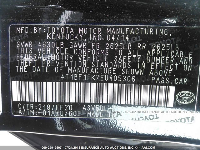 4T1BF1FK7EU405306 - 2014 TOYOTA CAMRY L/SE/LE/XLE შავი ფოტო 9