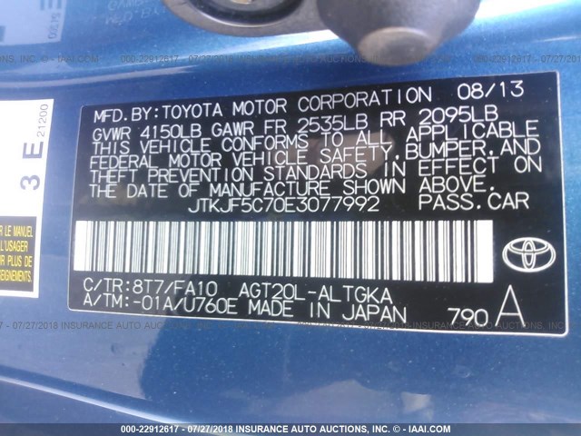 JTKJF5C70E3077992 - 2014 TOYOTA SCION TC 蓝色 照片 9