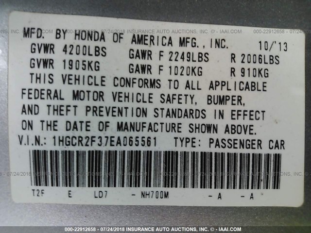 1HGCR2F37EA065561 - 2014 HONDA ACCORD LX SILVER photo 9