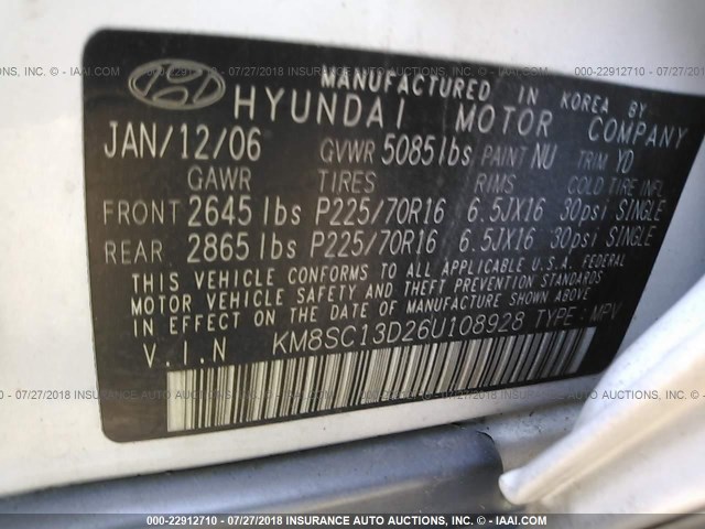 KM8SC13D26U108928 - 2006 HYUNDAI SANTA FE GLS/LIMITED WHITE photo 9