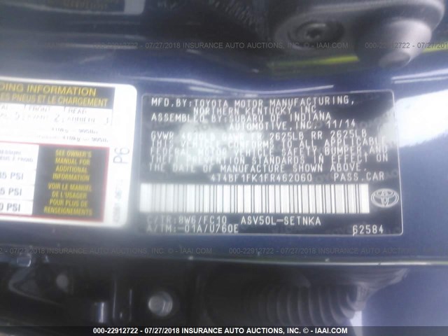 4T4BF1FK1FR462060 - 2015 TOYOTA CAMRY LE/XLE/SE/XSE 蓝色 照片 9