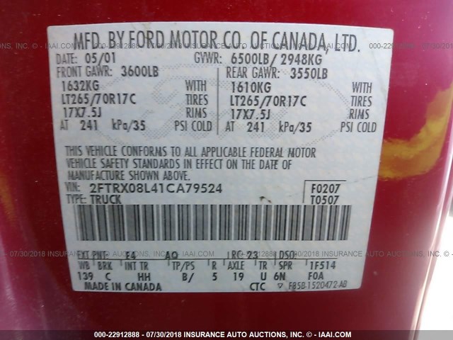 2FTRX08L41CA79524 - 2001 FORD F150 RED photo 9
