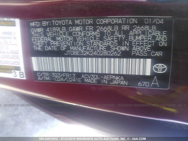 JTDBE32K240280262 - 2004 TOYOTA CAMRY LE/XLE RED photo 9