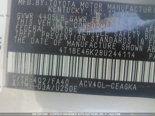 4T1BE46K28U244114 - 2008 TOYOTA CAMRY CE/LE/XLE/SE TAN photo 9