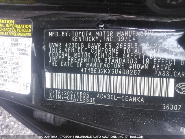 4T1BE32KX5U408267 - 2005 TOYOTA CAMRY LE/XLE/SE Qara foto 9