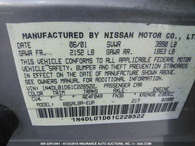 1N4DL01D61C228522 - 2001 NISSAN ALTIMA XE/GXE/SE Champagne photo 9