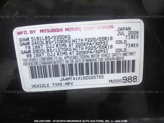 JA4MT41X18Z020755 - 2008 MITSUBISHI OUTLANDER XLS BLACK photo 9