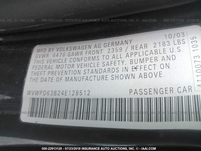 WVWPD63B24E128512 - 2004 VOLKSWAGEN PASSAT GLS GRAY photo 9