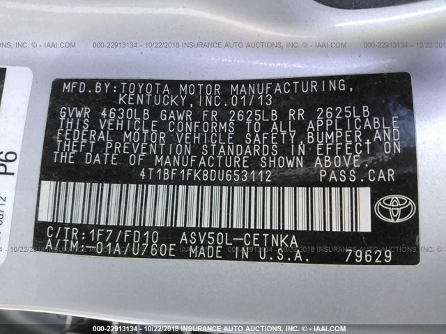 4T1BF1FK8DU653112 - 2013 TOYOTA CAMRY L/SE/LE/XLE Gümüş foto 9