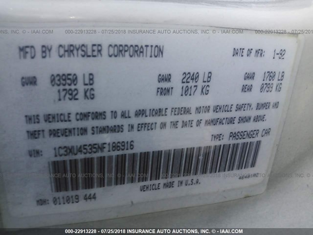 1C3XU4535NF186916 - 1992 CHRYSLER LEBARON 白色 照片 9