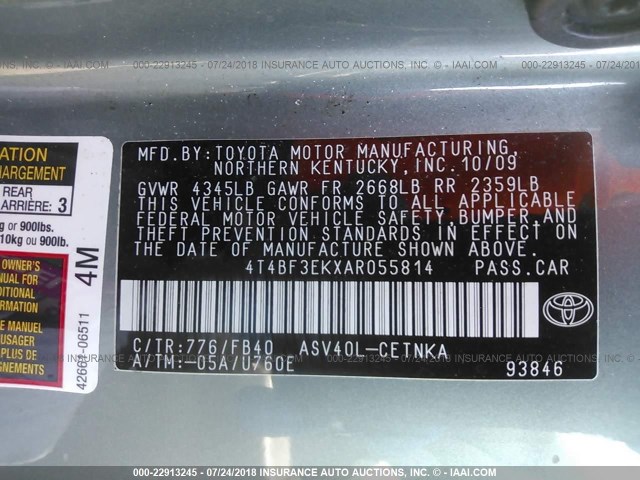 4T4BF3EKXAR055814 - 2010 TOYOTA CAMRY SE/LE/XLE GREEN photo 9