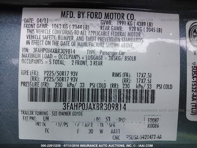 3FAHP0JAXBR309814 - 2011 FORD FUSION SEL BLUE photo 9