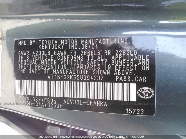 4T1BE32K65U394237 - 2005 TOYOTA CAMRY LE/XLE/SE Yaşıl foto 9