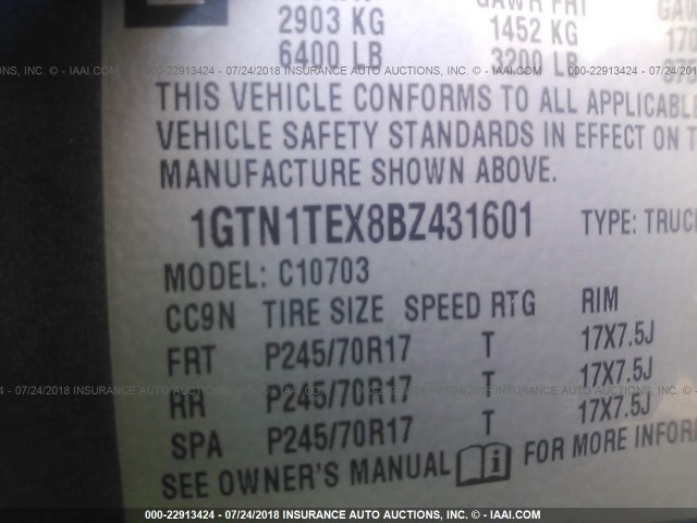 1GTN1TEX8BZ431601 - 2011 GMC SIERRA C1500 BLUE photo 9