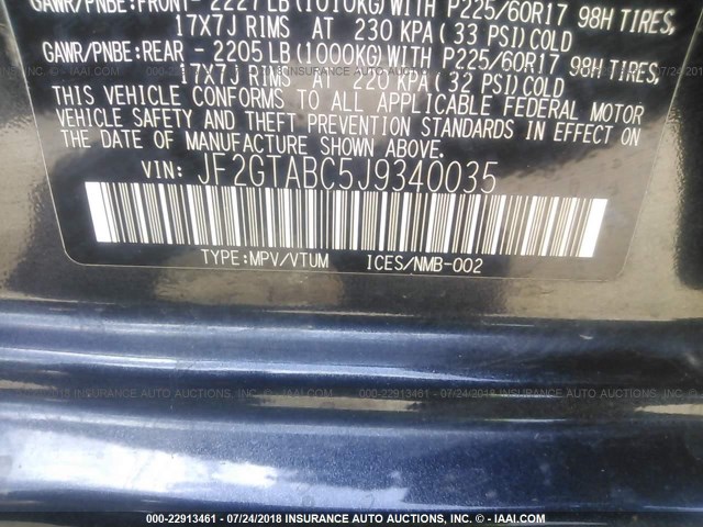 JF2GTABC5J9340035 - 2018 SUBARU CROSSTREK PREMIUM შავი ფოტო 9