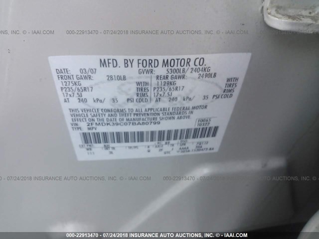 2FMDK39C07BA80799 - 2007 FORD EDGE SEL PLUS WHITE photo 9