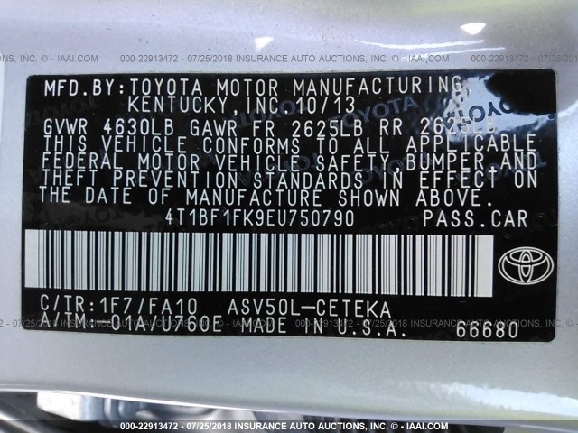 4T1BF1FK9EU750790 - 2014 TOYOTA CAMRY L/SE/LE/XLE 银色 照片 9
