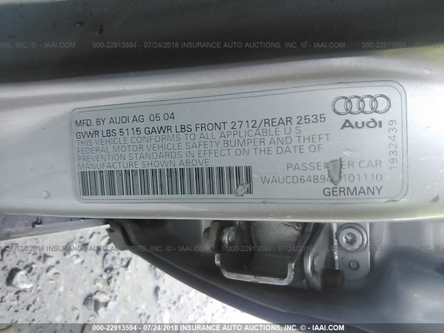 WAUCD64B94N101110 - 2004 AUDI A6 S-LINE QUATTRO SILVER photo 9