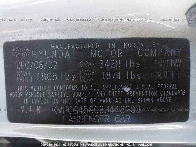 KMHCG45C03U448203 - 2003 HYUNDAI ACCENT GL WHITE photo 9