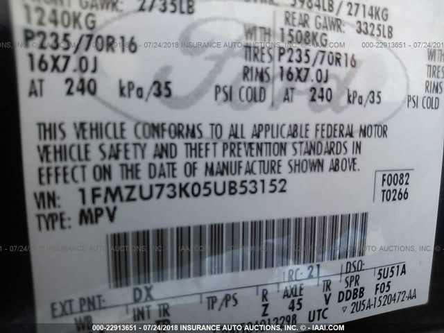 1FMZU73K05UB53152 - 2005 FORD EXPLORER XLT/XLT SPORT/NBX 蓝色 照片 9