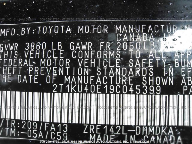 2T1KU40E19C045399 - 2009 TOYOTA COROLLA MATRIX  BLACK photo 9