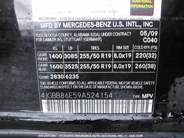 4JGBB86E59A524154 - 2009 MERCEDES-BENZ ML 350 BLACK photo 9