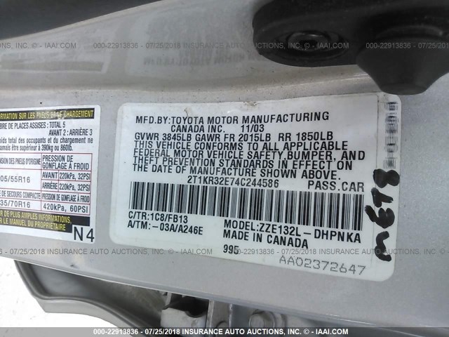 2T1KR32E74C244586 - 2004 TOYOTA COROLLA MATRIX XR SILVER photo 9