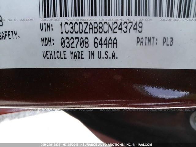 1C3CDZAB8CN243749 - 2012 DODGE AVENGER SE ORANGE photo 9