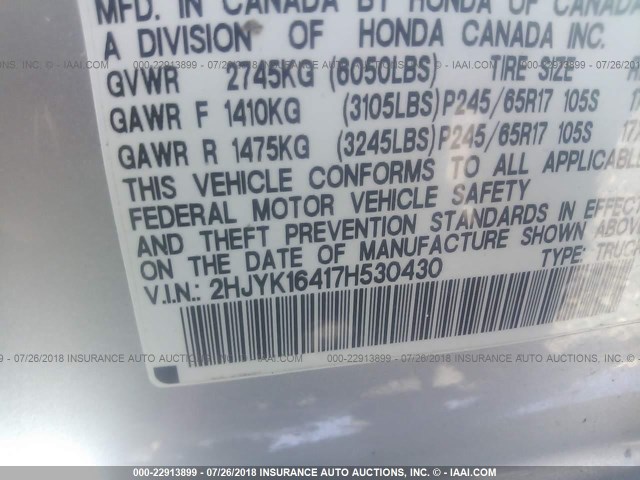 2HJYK16417H530430 - 2007 HONDA RIDGELINE RTS SILVER photo 9