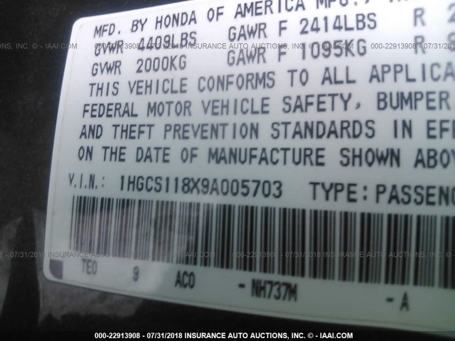 1HGCS118X9A005703 - 2009 HONDA ACCORD EXL GRAY photo 9
