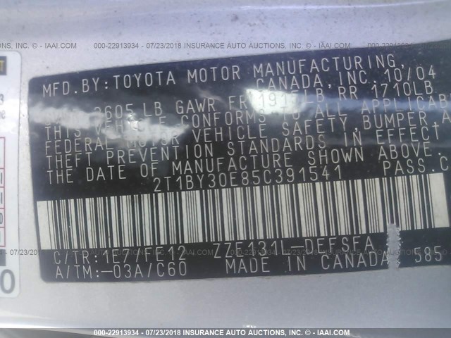 2T1BY30E85C391541 - 2005 TOYOTA COROLLA XRS SILVER photo 9